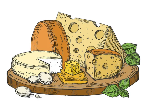 Placa de queso color boceto grabado vector ilustración. Scratch board estilo imitación. Imagen dibujada a mano . — Archivo Imágenes Vectoriales