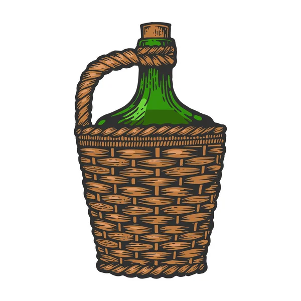 Botella de vino carboy con cesta y manija tejiendo ilustración vectorial boceto de color grabado. Scratch board estilo imitación. Imagen dibujada a mano . — Vector de stock