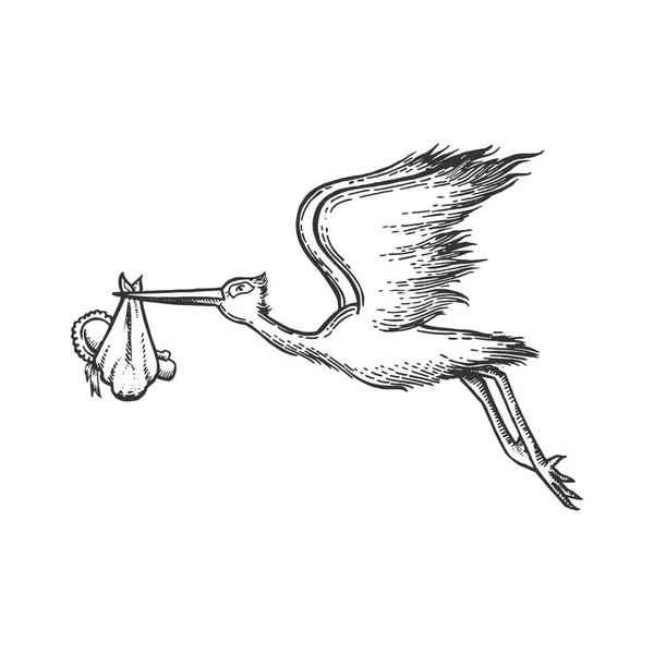 鹤携带婴儿素描雕刻向量例证。划痕板式模仿。手绘图像. — 图库矢量图片