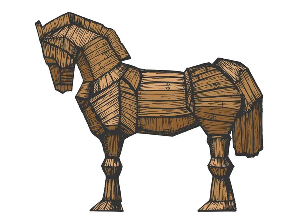 Koń trojański ilustracja kolor szkic wektor Grawerowanie. Drewniana figura konia. Podstaw deska stylu imitacja. Ręcznie rysowane obrazu. — Wektor stockowy