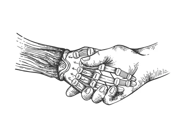 Mecânica humana robô handshake esboço gravura vetor ilustração. Imitação de estilo Scratch board. Imagem desenhada à mão preto e branco . — Vetor de Stock