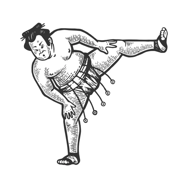 Sumo birkózó japán sportoló vázlat gravírozás vektoros illusztráció. Scratch fórumon stílus utánzása. Fekete-fehér kézzel rajzolt kép. — Stock Vector