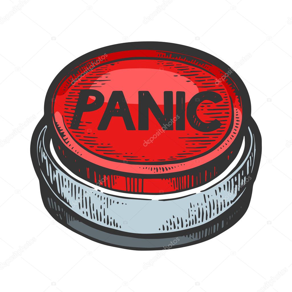 Panic button color sketch engraving vector illustration. Scratch board style imitation. Black and white hand drawn image.