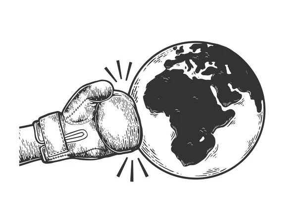 手在拳击手套击中地球行星雕刻向量例证。启示录战争隐喻。划痕板式模仿。黑白手绘图像. — 图库矢量图片
