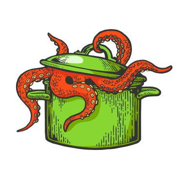 Ahtapot deniz hayvan vektör çizim oyma pan renk kroki dışarı alır. Yönetim Kurulu tarzı taklit kaşı. Elle çizilmiş resim.