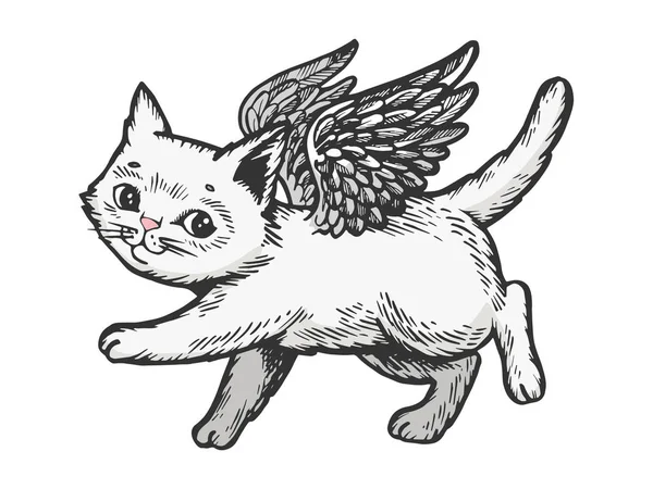 Angel voando gatinho cor branco esboço gravura vetor ilustração. Imitação de estilo Scratch board. Imagem desenhada à mão preto e branco . — Vetor de Stock