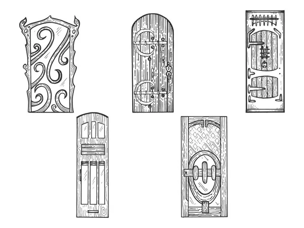 Casa de madera puertas antiguas boceto grabado vector ilustración. Scratch board estilo imitación. Imagen dibujada a mano en blanco y negro . — Archivo Imágenes Vectoriales