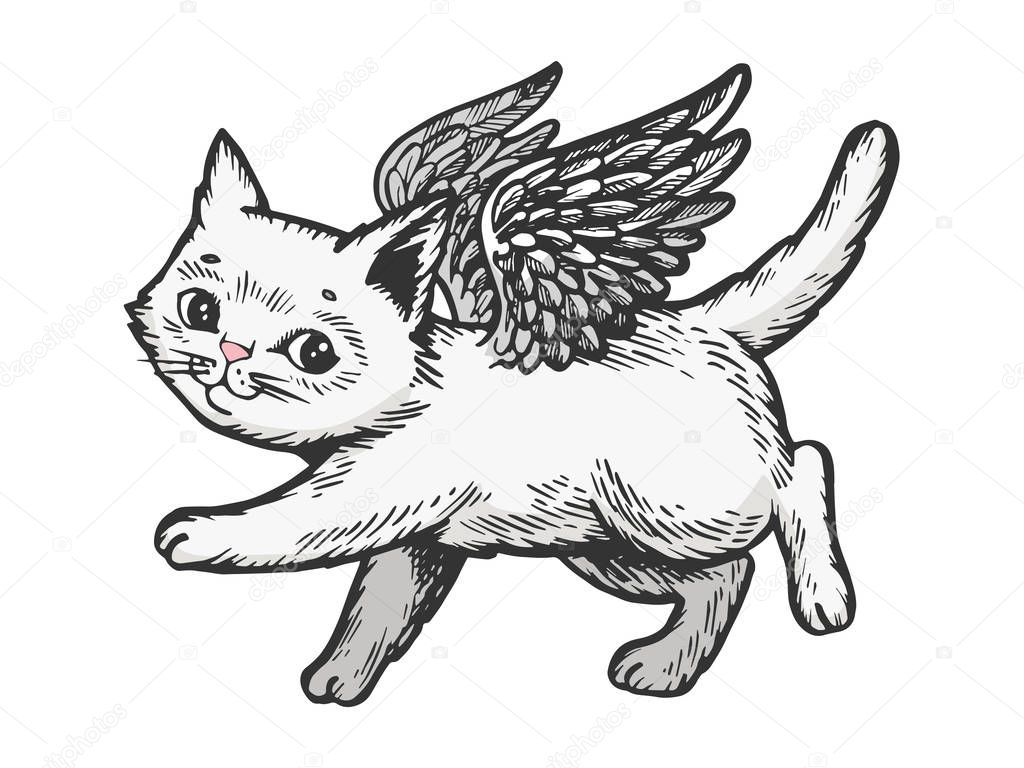 Angel flying kitten color white sketch engraving vector illustration. Scratch board style imitation. Black and white hand drawn image.