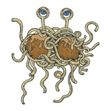 Uçan Spagetti Canavarı Renk eskiz oyma vektör çizim. Yönetim Kurulu tarzı taklit kaşı. Elle çizilmiş resim.