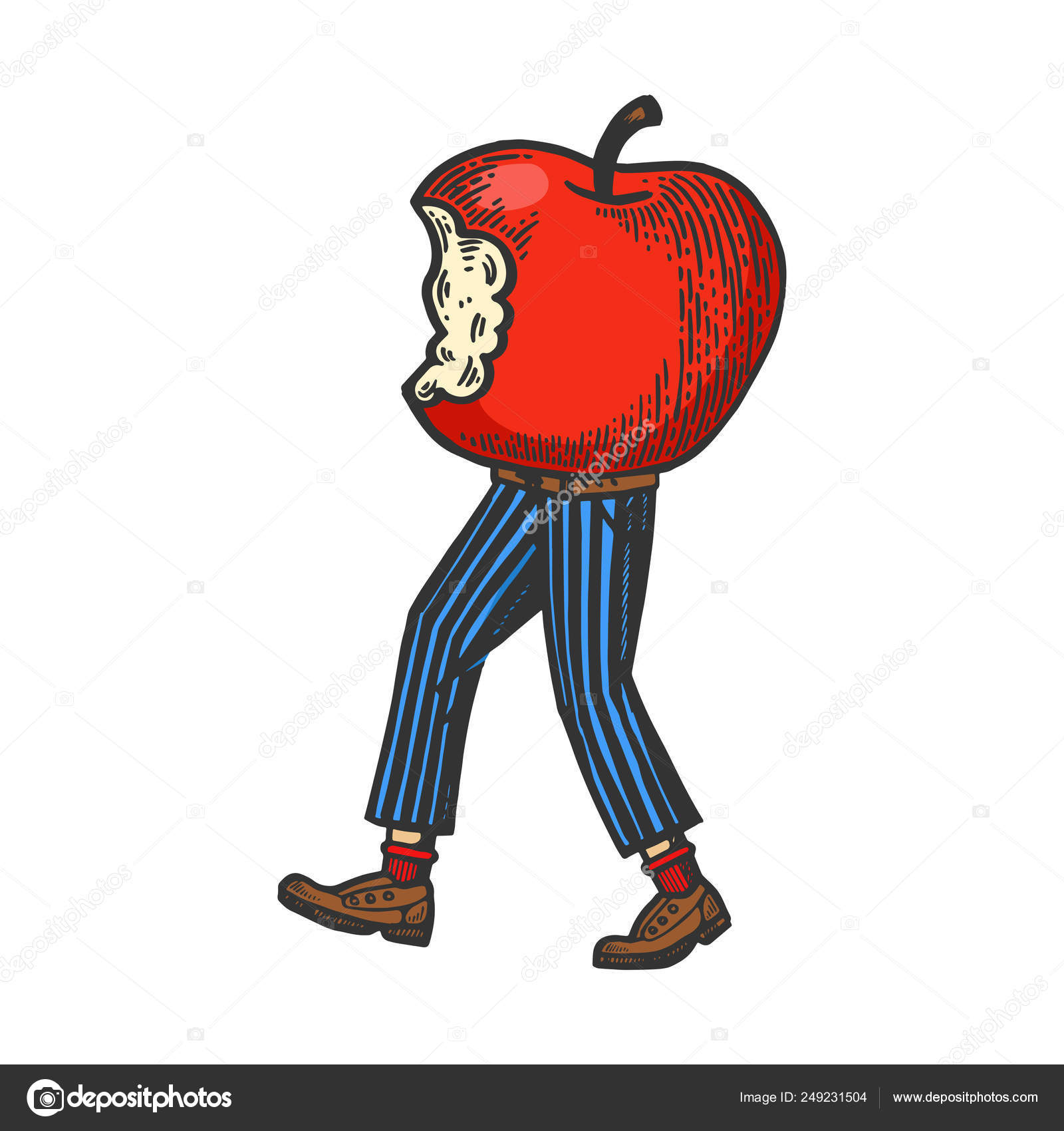 La manzana mordida camina sobre sus pies ilustración vectorial boceto de  color grabado. Scratch board estilo imitación. Imagen dibujada a mano en  blanco y negro . Vector de stock #249231504 de ©AlexanderPokusay, image size:1600x1700