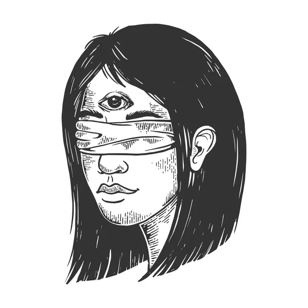 Giovane donna chiaroveggente bendata con tre occhi fronte schizzo vintage incisione vettoriale illustrazione. Imitazione in stile gratta e vinci. Immagine disegnata a mano in bianco e nero . — Vettoriale Stock