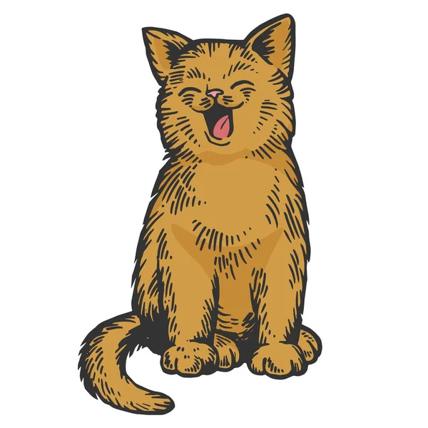 Bostezo gato color boceto grabado vector ilustración. Scratch board estilo imitación. Imagen dibujada a mano en blanco y negro . — Archivo Imágenes Vectoriales