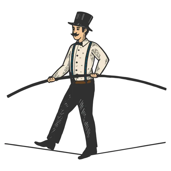 Homem circo ropewalker cor esboço gravura vetor ilustração. Imitação de estilo Scratch board. Imagem desenhada à mão preto e branco . — Vetor de Stock