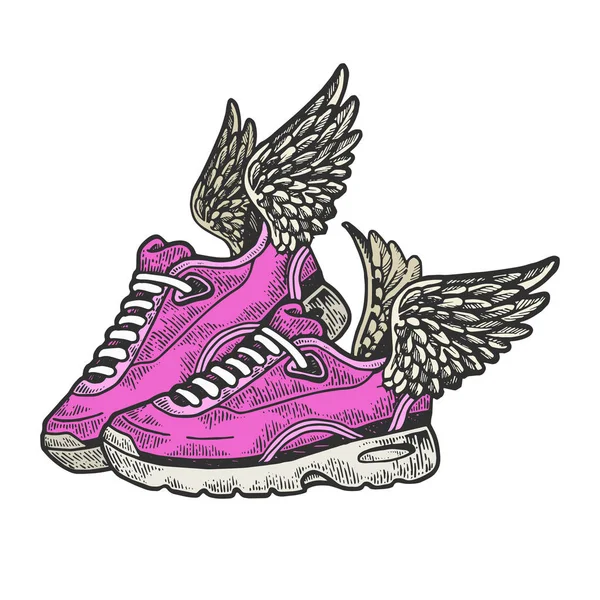 Літаючі кросівки з крилами кольоровий ескіз гравіювання Векторні ілюстрації. Імітація стилю подряпини дошки. Чорно-біле намальоване зображення руки . — стоковий вектор