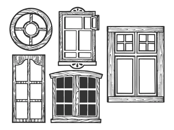 Casa de madeira janelas antigas esboço gravura vetor ilustração. Imitação de estilo Scratch board. Imagem desenhada à mão preto e branco . — Vetor de Stock