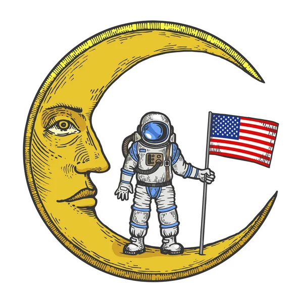 Astronaute astronaute avec drapeau des États-Unis sur la lune de dessin animé avec croquis couleur visage gravure vectorielle illustration. Imitation de style scratch board. Image dessinée à la main noir et blanc . — Image vectorielle