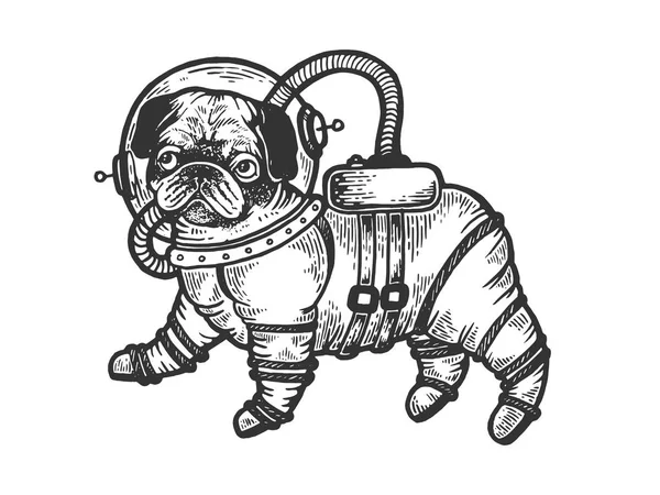 Pug filhote em armadura traje espacial esboço gravura vetor ilustração. Imitação de estilo Scratch board. Imagem desenhada à mão preto e branco . — Vetor de Stock