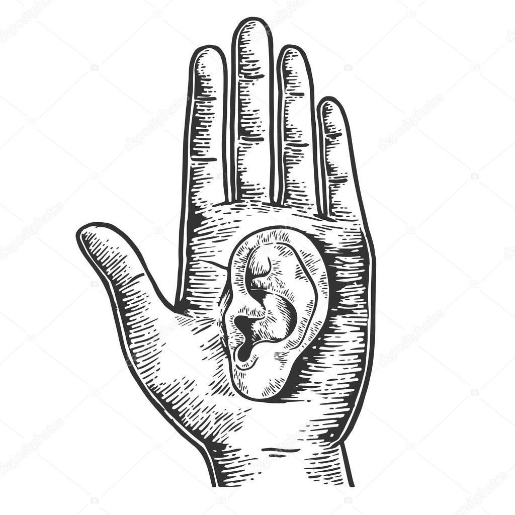 Ear on human hand palm sketch sketch engraving vector illustration. Scratch board style imitation. Black and white hand drawn image.