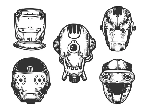 Cyborg robô cabeças de metal conjunto esboço gravura vetor ilustração. Imitação de estilo Scratch board. Imagem desenhada à mão preto e branco . — Vetor de Stock