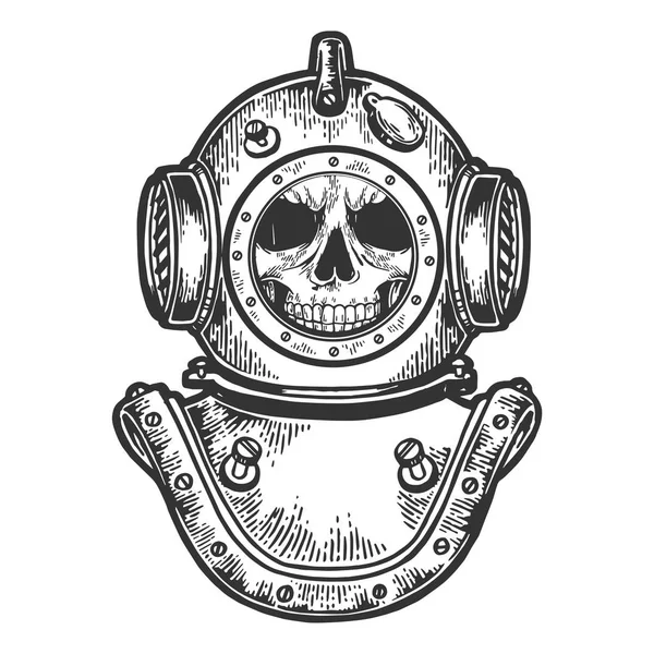 Dibujo del casco de buceo del cráneo humano ilustración de vectores de grabado. Scratch board estilo imitación. Imagen dibujada a mano . — Archivo Imágenes Vectoriales