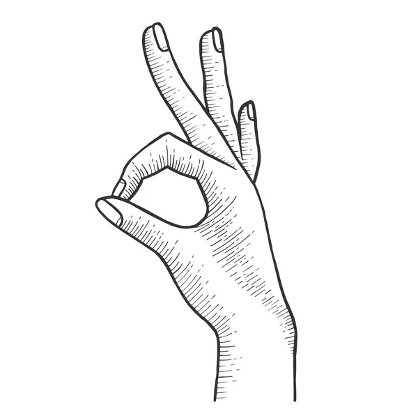 Hand met ok gebaar schets gravure vectorillustratie. Goed teken. Kras bestuur stijl imitatie. Hand getekende afbeelding. — Stockvector