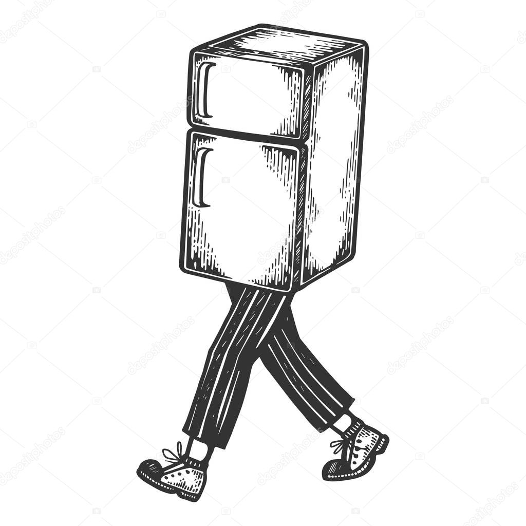 Fridge walks on its feet sketch engraving vector illustration. Scratch board style imitation. Black and white hand drawn image.