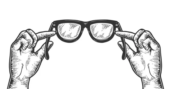 Gafas en las manos esbozar ilustración vectorial grabado vintage. Scratch board estilo imitación. Imagen dibujada a mano en blanco y negro . — Vector de stock