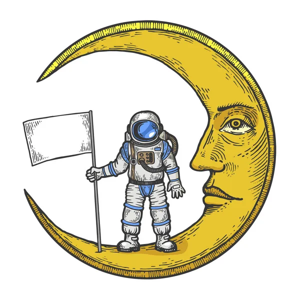 Astronauta astronauta con bandera blanca en la luna de dibujos animados con ilustración de vectores de grabado a color de la cara. Scratch board estilo imitación. Imagen dibujada a mano en blanco y negro . — Vector de stock