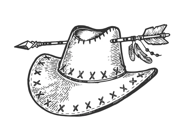 Cappello da cowboy traforato da freccia schizzo incisione vettoriale illustrazione. Imitazione in stile gratta e vinci. Immagine disegnata a mano . — Vettoriale Stock