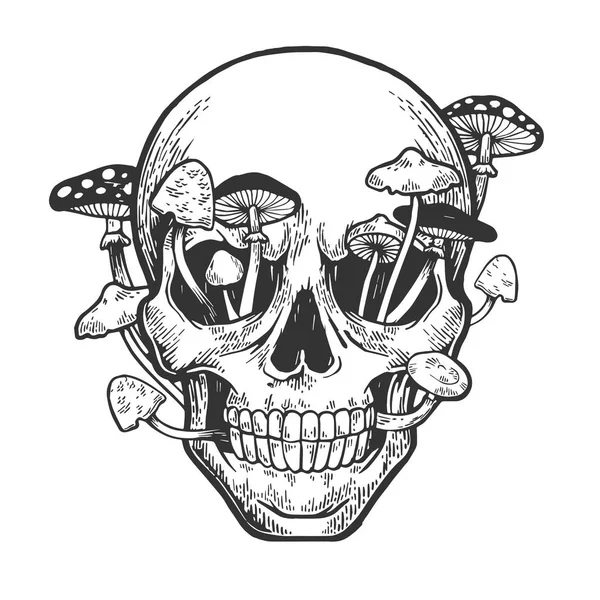 El cráneo humano y el hongo brotaron boceto grabado ilustración vectorial. Scratch board estilo imitación. Imagen dibujada a mano . — Archivo Imágenes Vectoriales