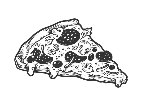 Coupe de pizza croquis gravure vectorielle illustration. Imitation de style scratch board. Image dessinée à la main . — Image vectorielle