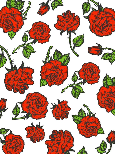 Regen der Schönheit rote Rose Blume Farbe Skizze Gravur Vektor Illustration. Hintergrund-Muster. Scratch-Board-Imitat. Handgezeichnetes Bild. — Stockvektor
