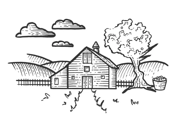 Azienda Agricola paesaggio rurale schizzo incisione vettoriale illustrazione. Imitazione in stile gratta e vinci. Immagine disegnata a mano in bianco e nero . — Vettoriale Stock