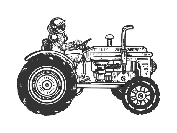 Astronaut ride agricultural tractor sketch engraving vector illustration. Scratch board style imitation. Black and white hand drawn image. — Stock Vector