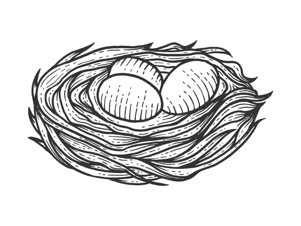 Ninho com ovos esboço gravura vetor ilustração. Imitação de estilo Scratch board. Imagem desenhada à mão preto e branco . —  Vetores de Stock