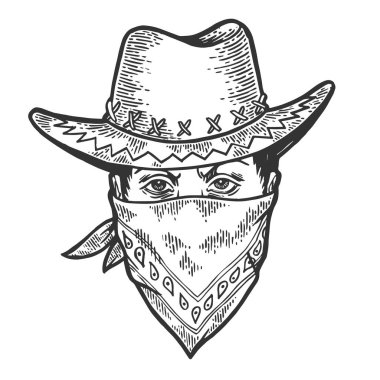 Haydut gangster maskesi bandana sketch vektör çizim oyma kafasına kovboy. Yönetim Kurulu tarzı taklit kaşı. Elle çizilmiş resim.