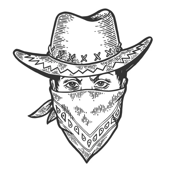 牛仔头在强盗歹徒面具乐队素描雕刻向量例证。划痕板式模仿。手绘图像. — 图库矢量图片