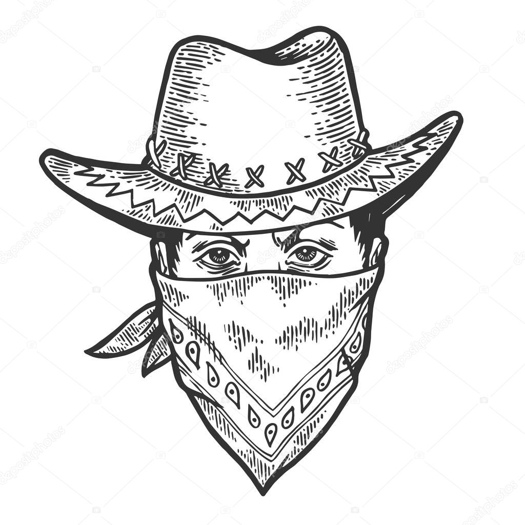 Cowboy head in bandit gangster mask bandana sketch engraving vector illustration. Scratch board style imitation. Hand drawn image.