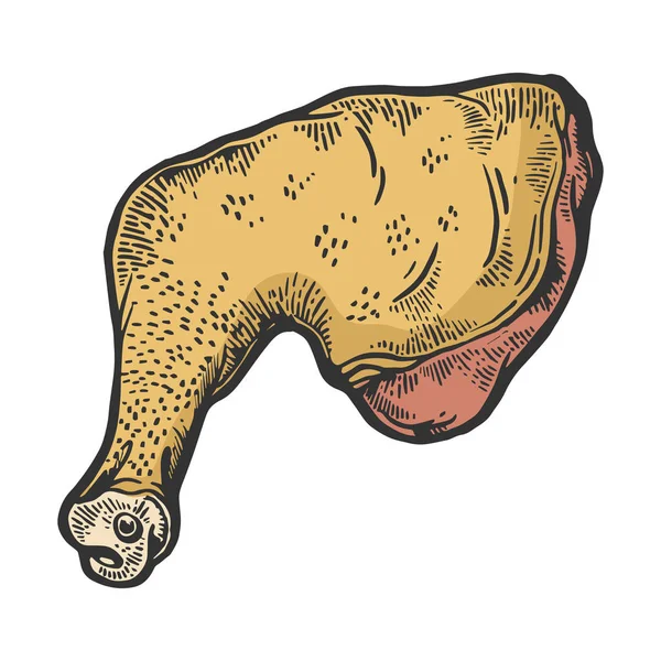Pollo gamba carne cibo colore schizzo incisione vettoriale illustrazione. Imitazione in stile gratta e vinci. Immagine disegnata a mano in bianco e nero . — Vettoriale Stock