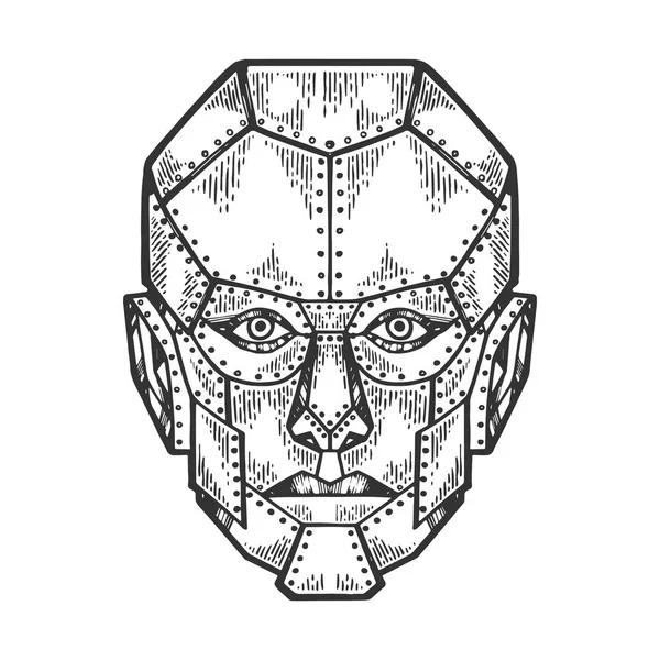 Cyborg robot ferro umano faccia metallo testa schizzo incisione vettoriale illustrazione. Imitazione in stile gratta e vinci. Immagine disegnata a mano in bianco e nero . — Vettoriale Stock