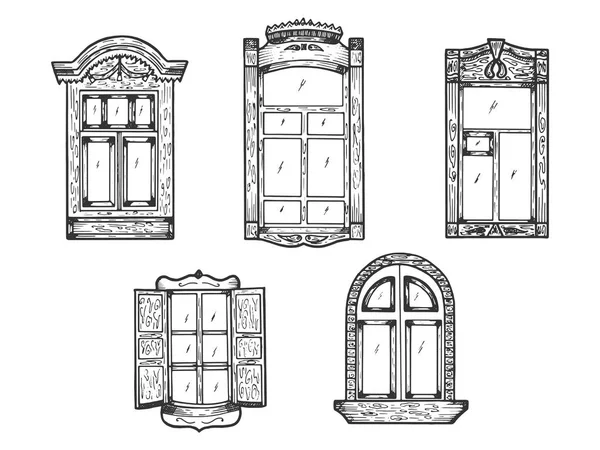 Casa de madeira janelas antigas esboço gravura vetor ilustração. Imitação de estilo Scratch board. Imagem desenhada à mão preto e branco . — Vetor de Stock