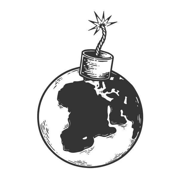 Bombe explosiven Planeten Erde Kriegsgefahr Metapher Skizze Gravur Vektorillustration. Scratch-Board-Imitat. Handgezeichnetes Schwarz-Weiß-Bild. — Stockvektor