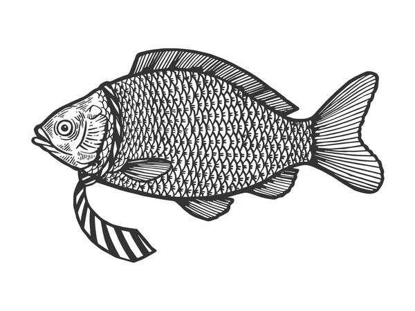 Рыба в галстуке эскиз гравировки векторной иллюстрации. Имитация в стиле Scratch board. Черно-белое изображение . — стоковый вектор
