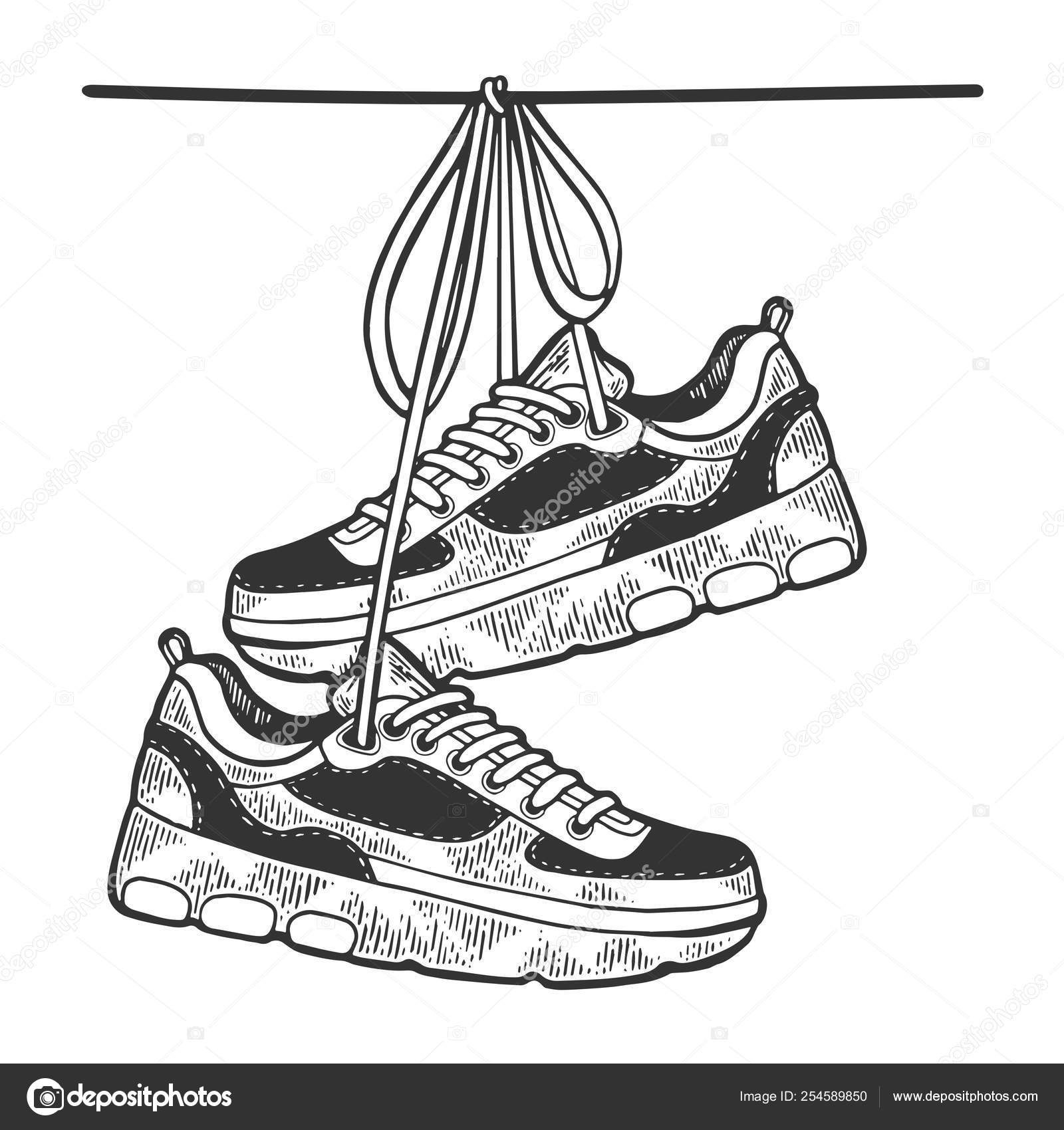 Sneakers are hanging on wire sketch engraving vector illustration