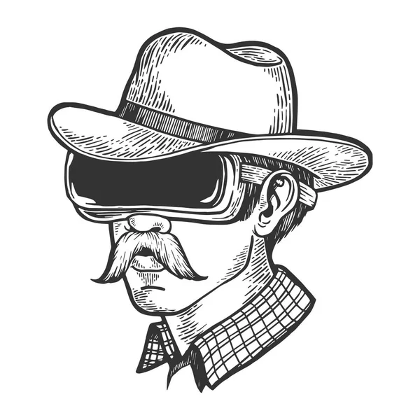 Cabeza de vaquero en gafas de casco VR boceto grabado vector ilustración. Scratch board estilo imitación. Imagen dibujada a mano . — Archivo Imágenes Vectoriales