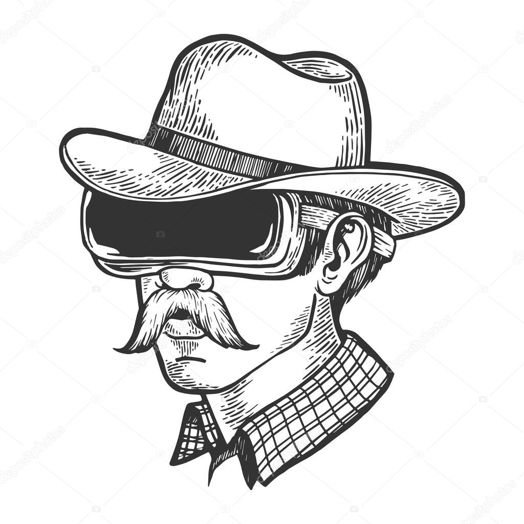 Cowboy head in VR helmet glasses sketch engraving vector illustration. Scratch board style imitation. Hand drawn image.