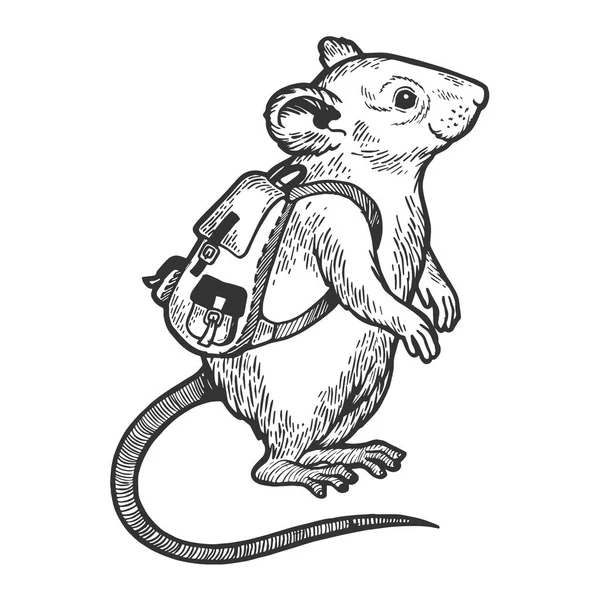 Kreslená myš s batoh skica gravírování vektorové ilustrace. Odkládací deska stylu imitace. Černá a bílá ruka nakreslený obrázek. — Stockový vektor