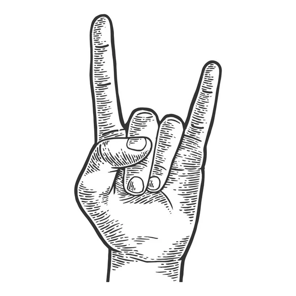 Signe de cornes rock heavy metal main geste croquis gravure vectorielle illustration. Imitation de style scratch board. Image dessinée à la main . — Image vectorielle