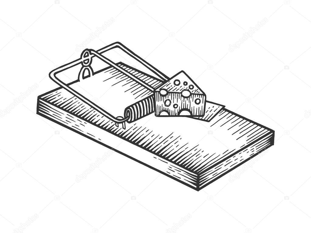 Mousetrap with cheese sketch engraving vector illustration. Scratch board style imitation. Black and white hand drawn image.