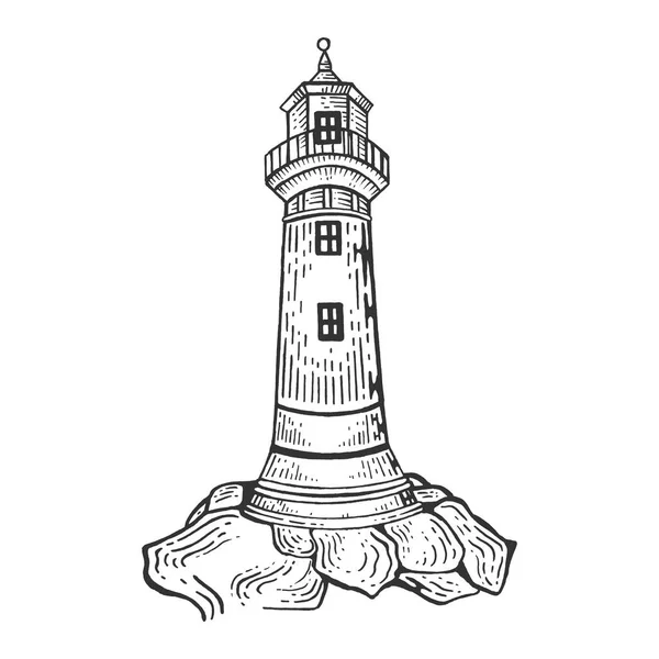 Lighthouse gravírování vektorové ilustrace. Odkládací deska stylu imitace. Ručně nakreslený obrázek. — Stockový vektor